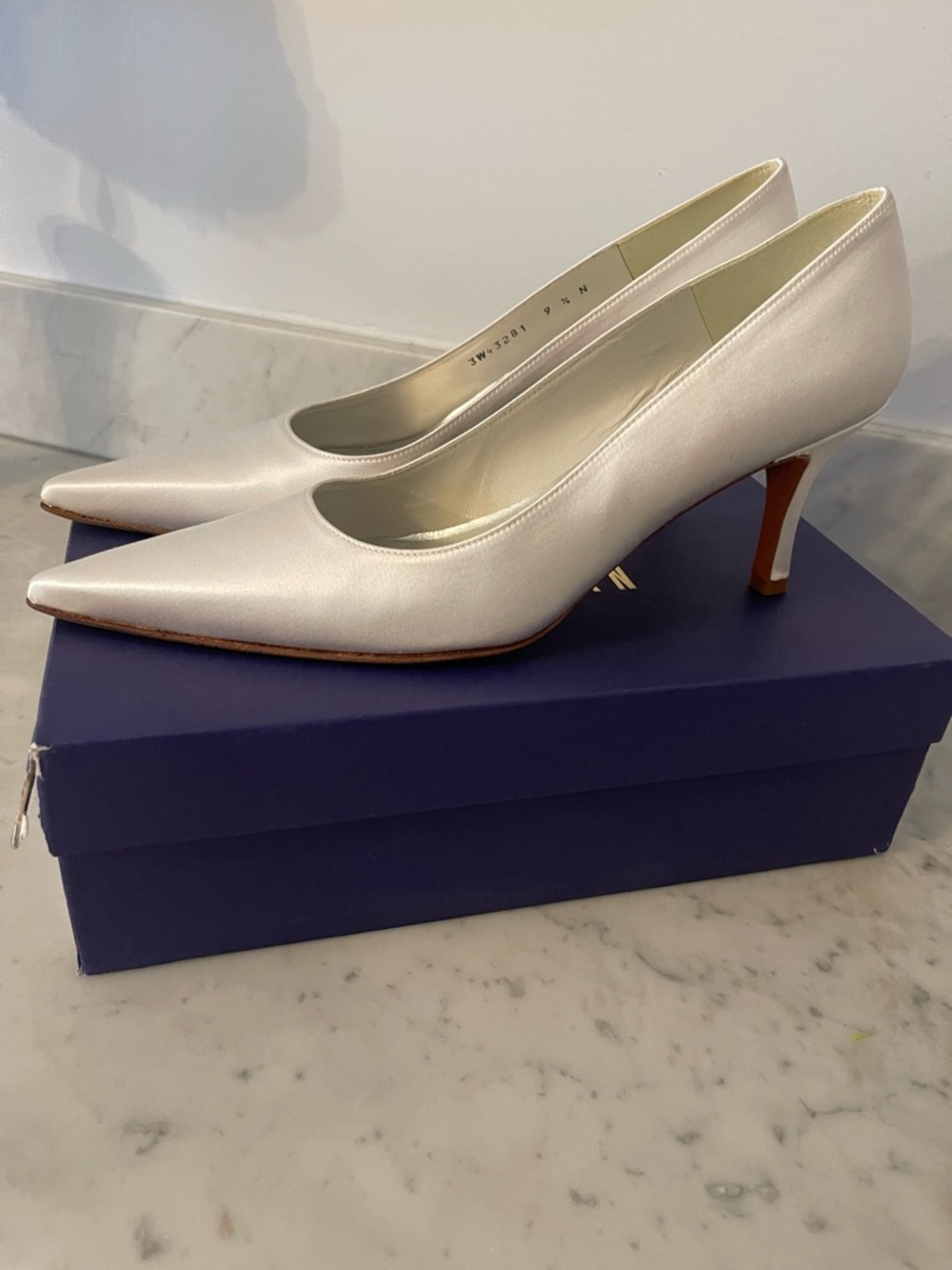 Stuart Weitzman Temptress White Satin Pointed-Toe Pumps